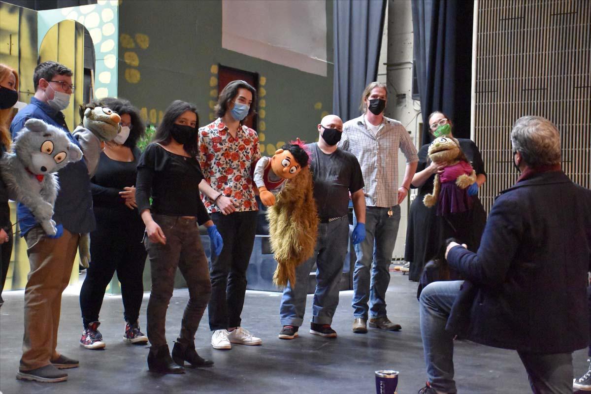 Performers at an Avenue Q rehearsal