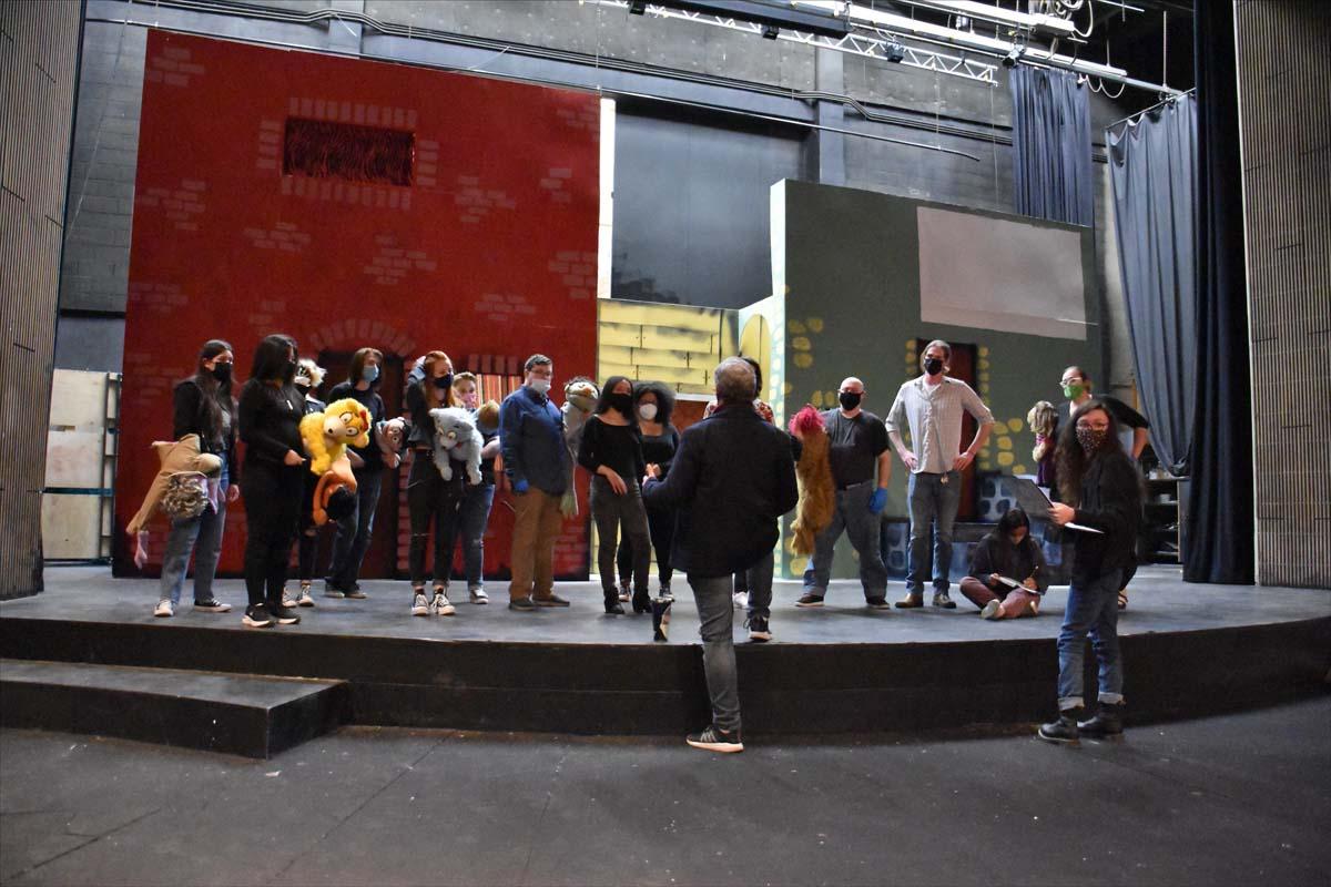 Performers at an Avenue Q rehearsal